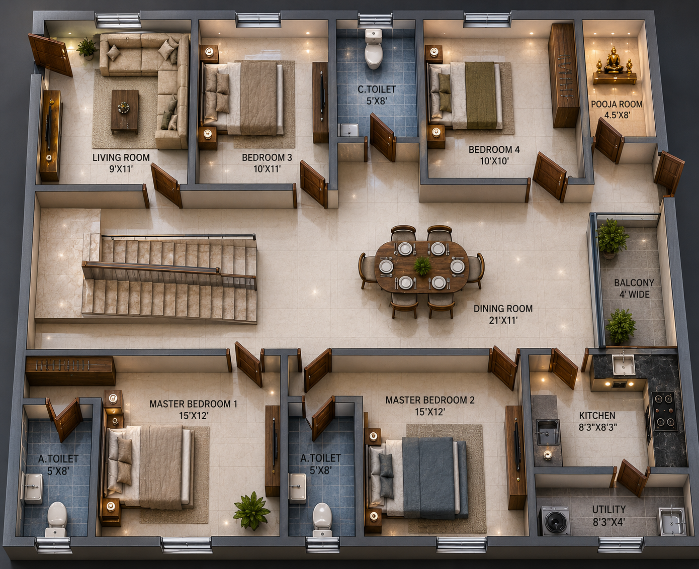 5BHK Duplex — 3D Floor Plan Layout