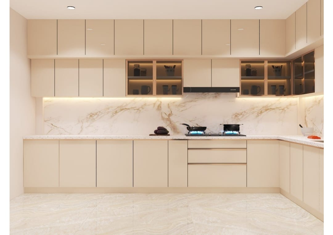 Modular L-Shaped Kitchen — Ivory & Marble